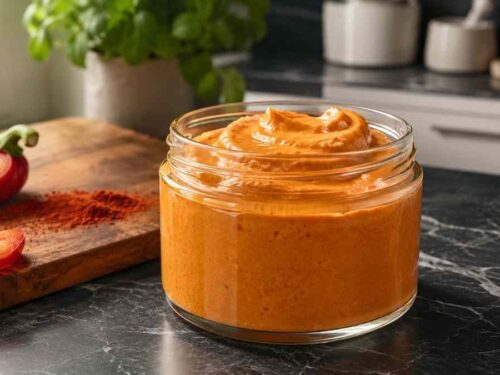 Cremige vegane Paprika-Rahmsauce in einer weißen Schüssel, garniert mit etwas Petersilie