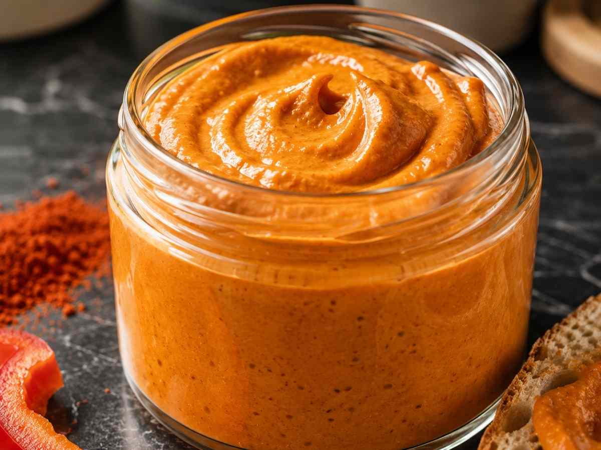 Cremige vegane Paprika-Rahmsauce in einer weißen Schüssel, garniert mit etwas Petersilie