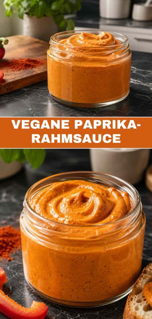 Pinterest-Pin für vegane Paprika-Rahmsauce, cremig und würzig, in 40 Minuten fertig