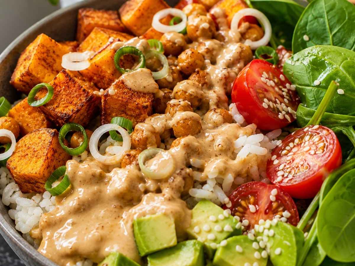 Nahaufnahme der veganen Süßkartoffel-Bowl mit cremiger Tahin-Sauce und Sesam