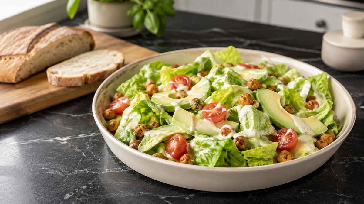 Veganer Caesar Salat mit Cashew-Dressing, Avocado und gerösteten Kichererbsen, weitwinklig auf dem Tisch angerichtet