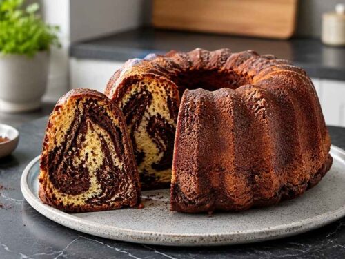 Veganer Marmorkuchen in Gugelhupfform mit sichtbarer Marmorierung