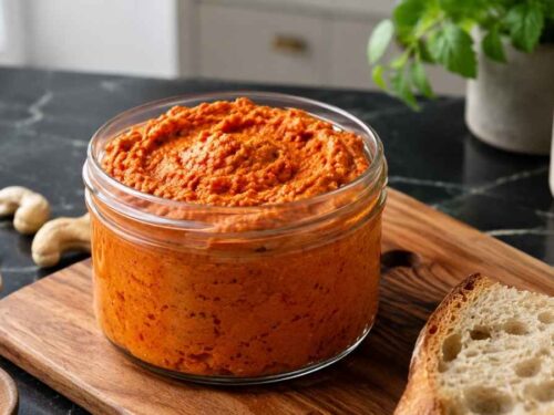 Weitwinkelaufnahme von veganem Paprika-Cashew-Dip mit getoastetem Brot und Gemüsesticks