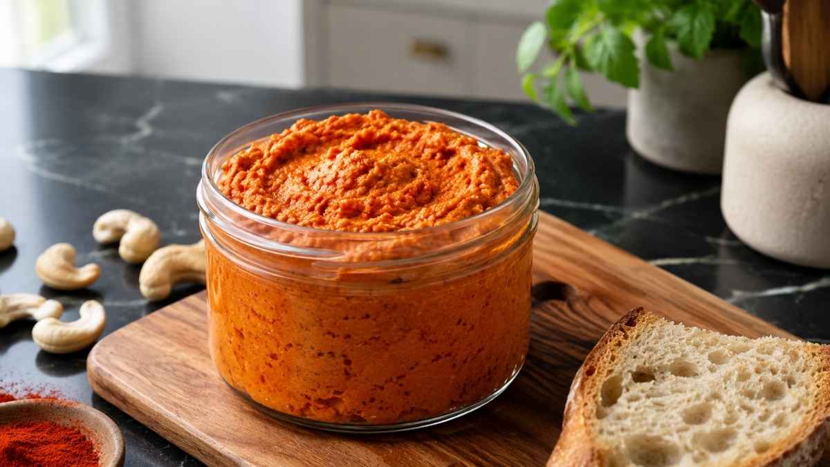 Weitwinkelaufnahme von veganem Paprika-Cashew-Dip mit getoastetem Brot und Gemüsesticks