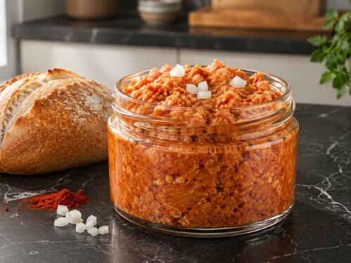 Veganes Mett Veganes Mett als cremiger Aufstrich auf frischen Brötchenhälften, mit Schnittlauch bestreut