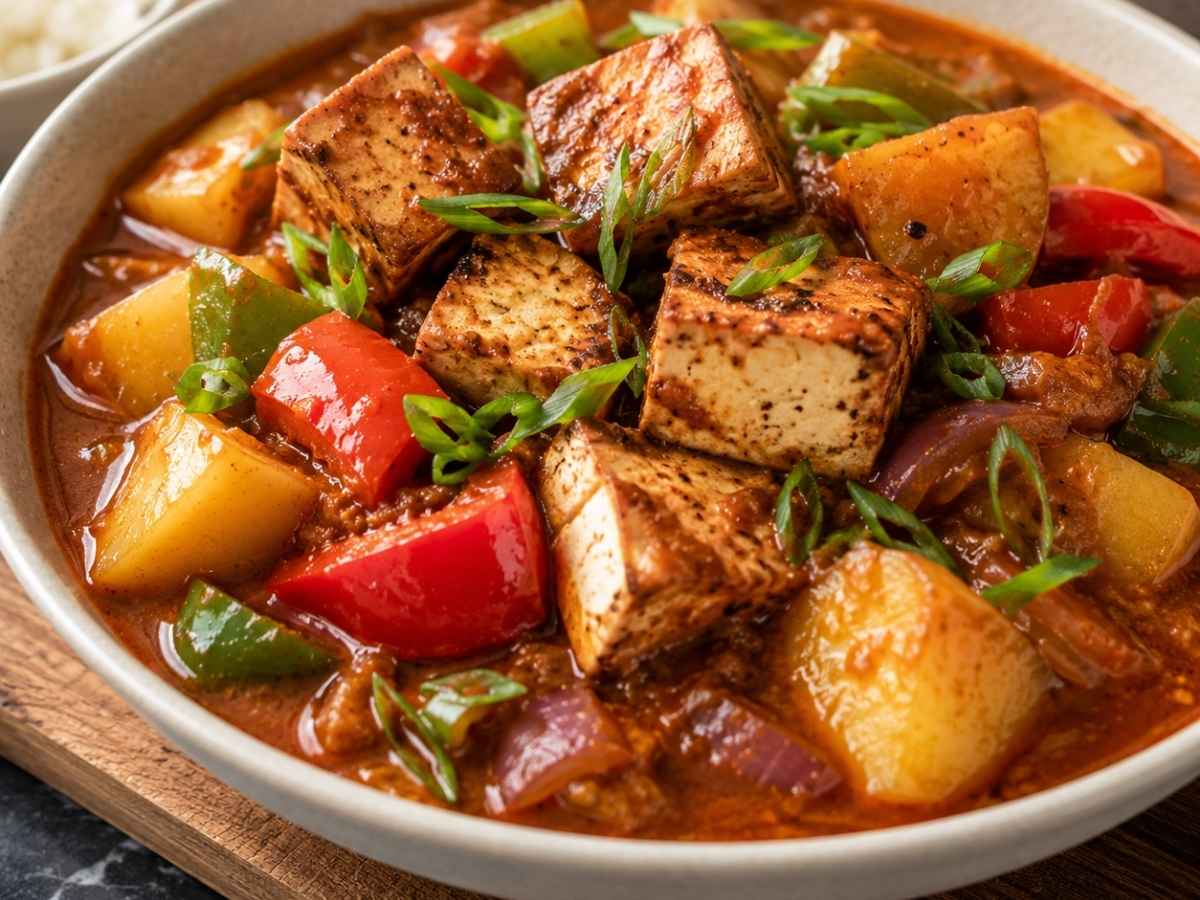 Nahaufnahme von veganem Paprika-Gulasch mit Räuchertofuwürfeln und roter Paprika