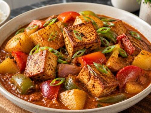 Veganes Paprika-Gulasch mit Räuchertofu und bunten Paprikawürfeln im Topf