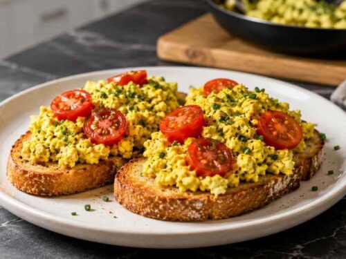 Veganes Rührei mit Tofu, Kurkuma und Kala Namak, cremig, würzig und in nur 30 Minuten fertig. Das vegane Rührei schmeckt erstaunlich nah am Original und ist ein herzhaftes Frühstück für die ganze Familie. Serviert auf geröstetem Brot mit Cherry-Tomaten.