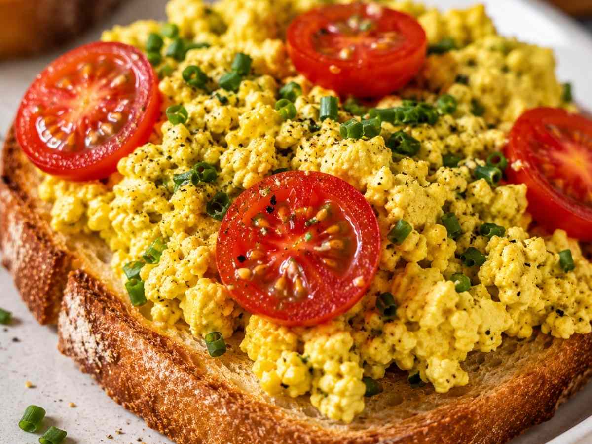 Veganes Rührei mit Tofu, Kurkuma und Kala Namak, cremig, würzig und in nur 30 Minuten fertig. Das vegane Rührei schmeckt erstaunlich nah am Original und ist ein herzhaftes Frühstück für die ganze Familie. Serviert auf geröstetem Brot mit Cherry-Tomaten.