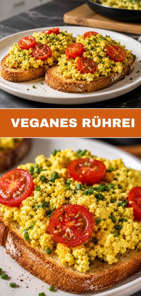 Veganes Rührei mit Tofu, Kurkuma und Kala Namak, cremig, würzig und in nur 30 Minuten fertig. Das vegane Rührei schmeckt erstaunlich nah am Original und ist ein herzhaftes Frühstück für die ganze Familie. Serviert auf geröstetem Brot mit Cherry-Tomaten.