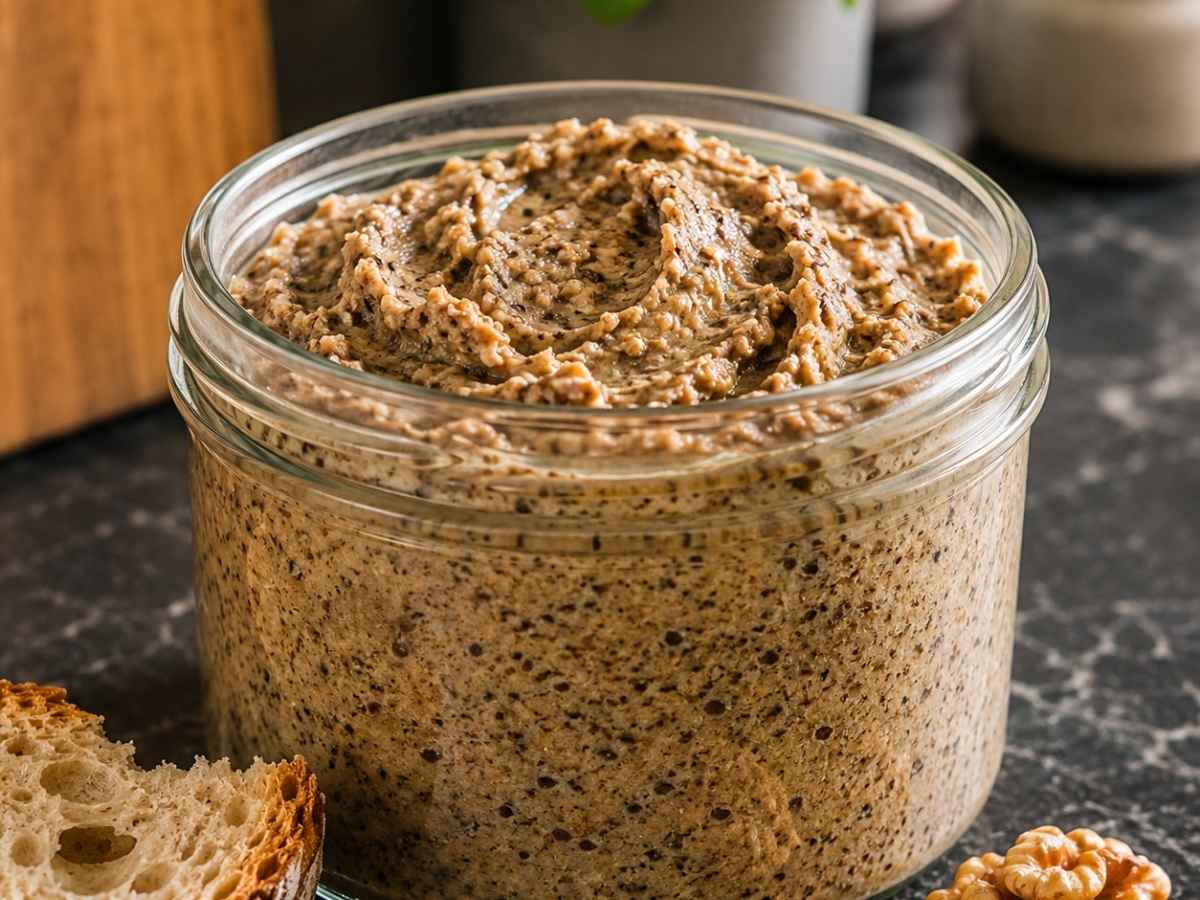 Nahaufnahme der cremigen Textur von veganem Walnuss-Pilz-Paté