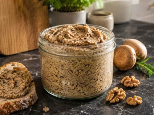 Veganes Walnuss-Pilz-Paté im Glas neben frischem Baguette