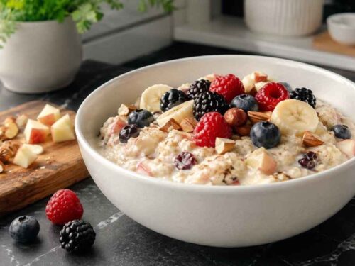 Warmes Müsli mit Apfel, Zimt und Magerquark in zwei Frühstücksschüsseln