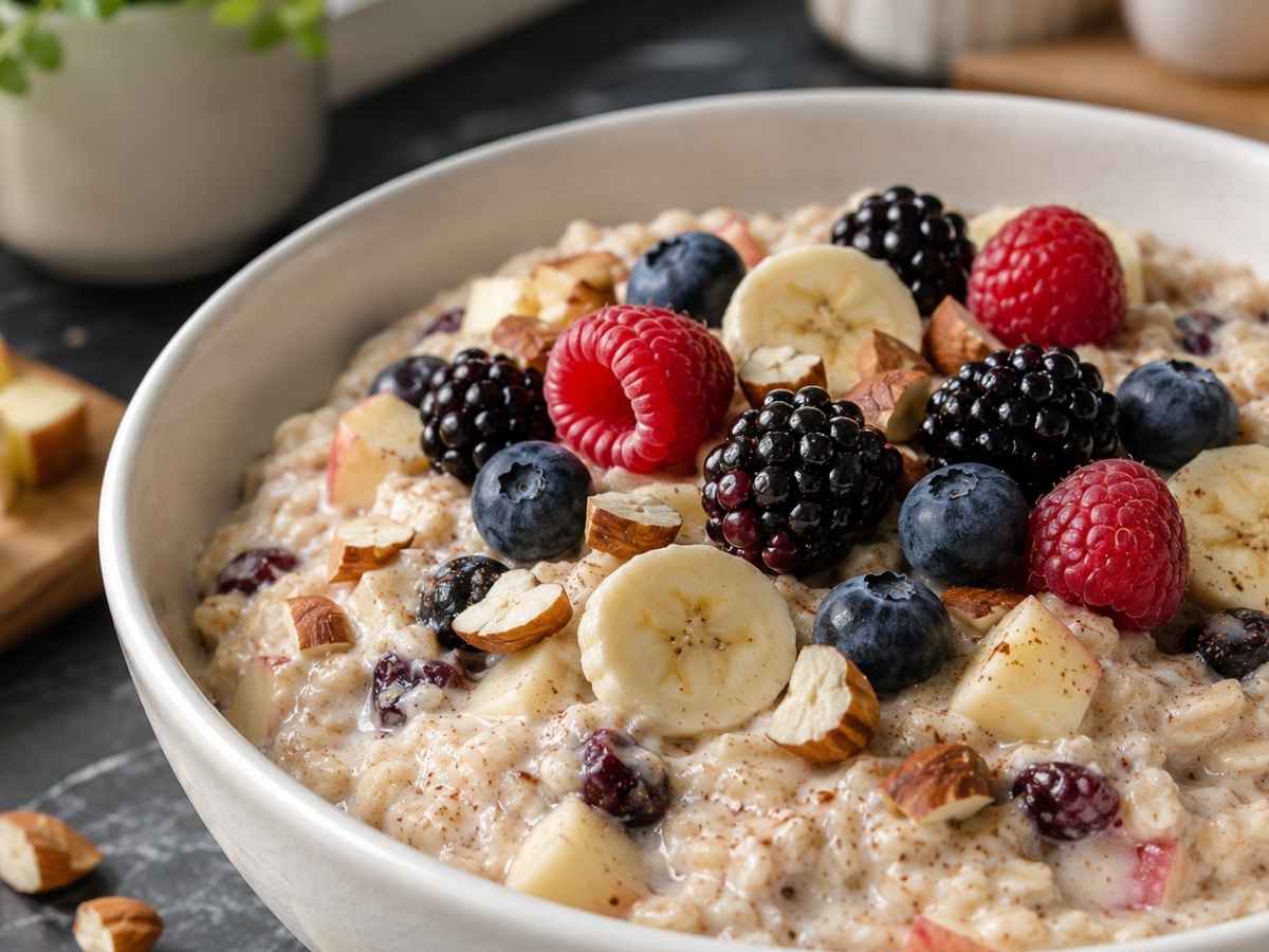 Nahaufnahme von cremigem warmem Müsli mit Apfel und Mandeln