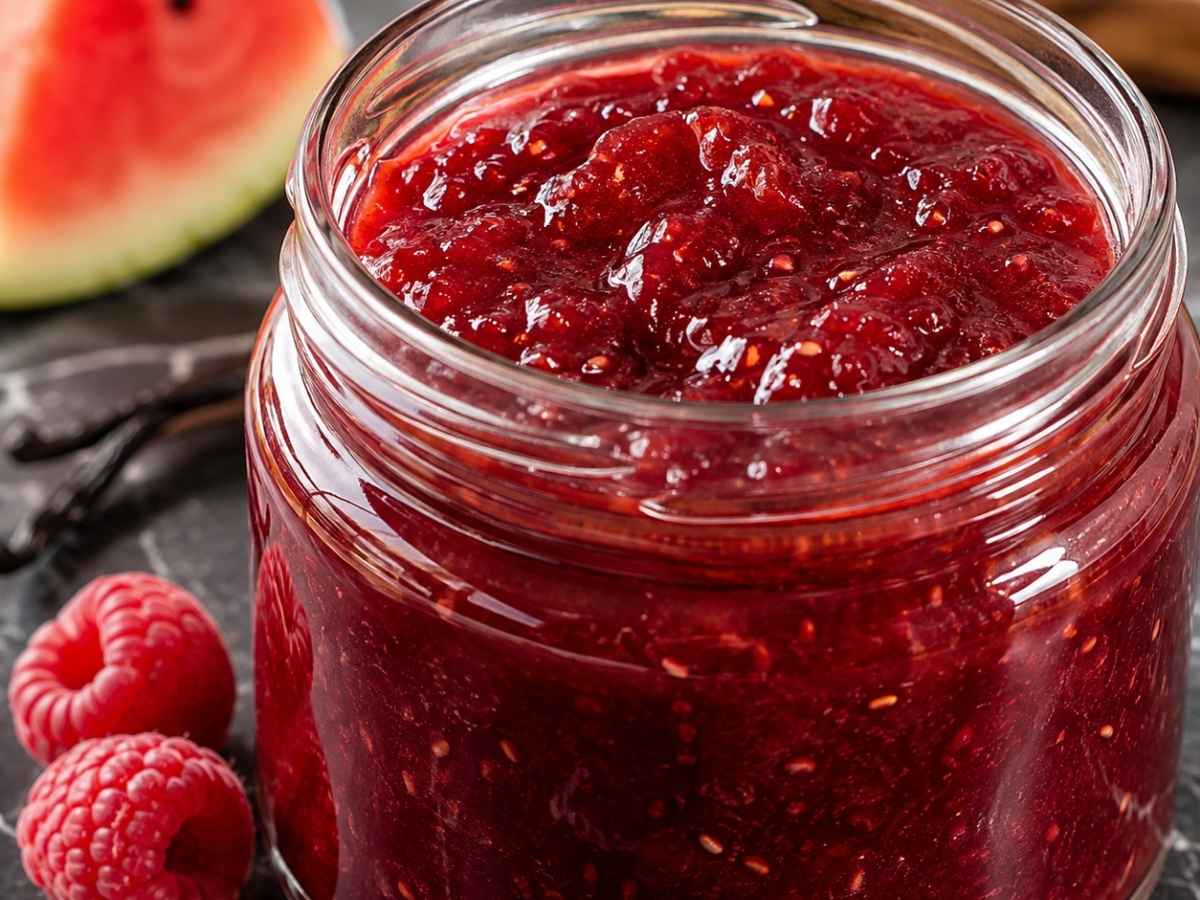 Wassermelonen-Himbeer-Konfitüre 2 Nahaufnahme von Wassermelonen-Himbeer-Konfitüre auf einer Scheibe Baguette mit Butter