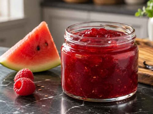 Wassermelonen-Himbeer-Konfitüre Mehrere Gläser Wassermelonen-Himbeer-Konfitüre nebeneinander aufgereiht