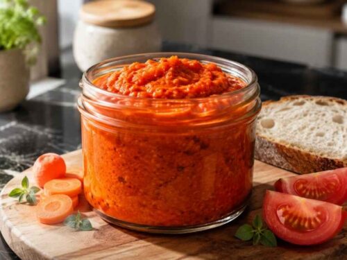 Rigatoni mit würziger Möhren-Tomaten-Sauce und Speck auf einem Teller, Weitwinkelaufnahme