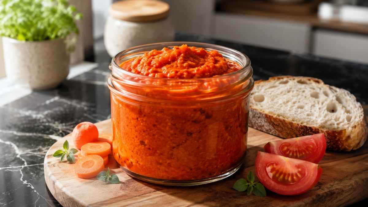 Rigatoni mit würziger Möhren-Tomaten-Sauce und Speck auf einem Teller, Weitwinkelaufnahme