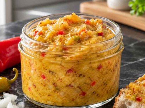 Selbstgemachter Zwiebel-Paprika-Senf im Marmeladenglas auf einem Grilltisch mit Zubehör