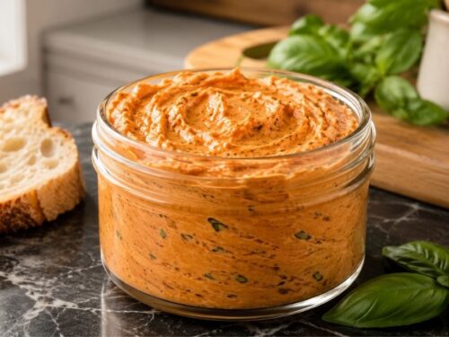 Cremige Basilikum-Tomatenbutter mit frischem Basilikum in einem weißen Schälchen auf dem Tisch