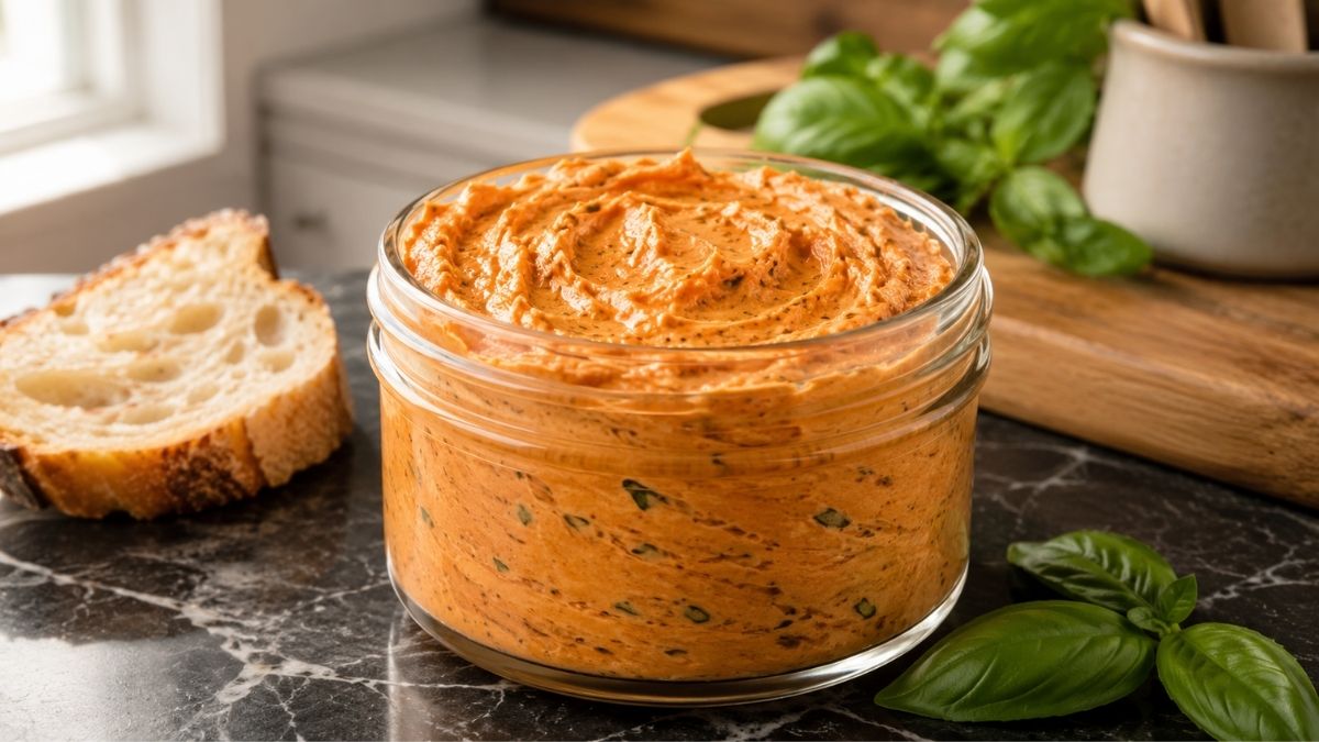 Cremige Basilikum-Tomatenbutter mit frischem Basilikum in einem weißen Schälchen auf dem Tisch