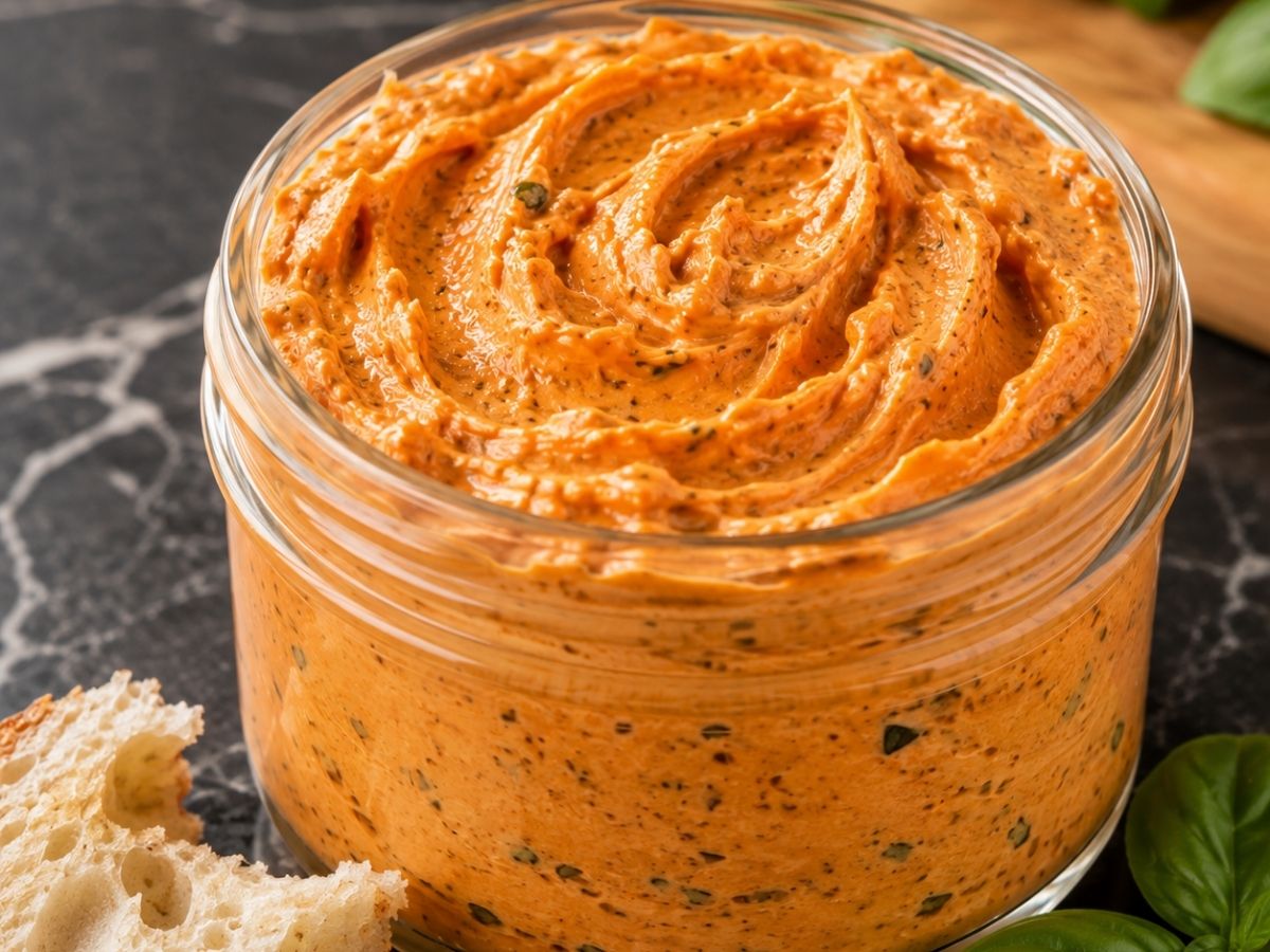 Detailaufnahme der cremigen orange-roten Basilikum-Tomatenbutter mit sichtbaren Basilikumstückchen