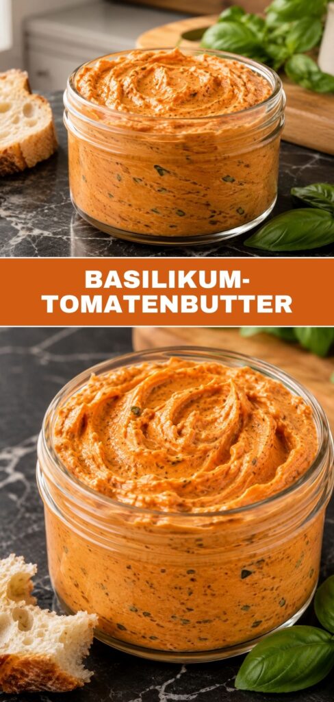 Cremige Basilikum-Tomatenbutter im Schälchen und in Nahaufnahme, Pinterest-Grafik mit Rezepttitel