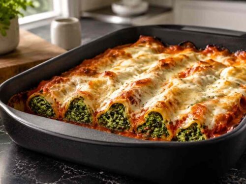 Vegane Spinat-Cashew-Cannelloni mit Tomatensauce und Béchamel, goldbraun gebacken in einer weißen Auflaufform