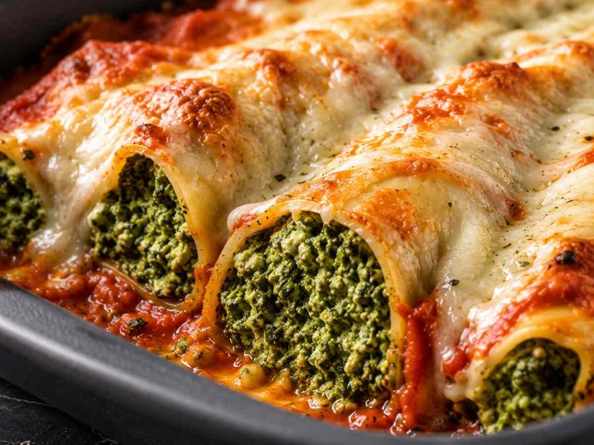 Vegane Spinat-Cashew-Cannelloni mit Tomatensauce und Béchamel, goldbraun gebacken in einer weißen Auflaufform