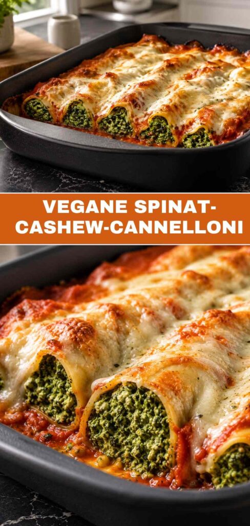 Pinterest-Pin für vegane Spinat-Cashew-Cannelloni, cremig gefüllt und ohne Käseersatz zubereitet