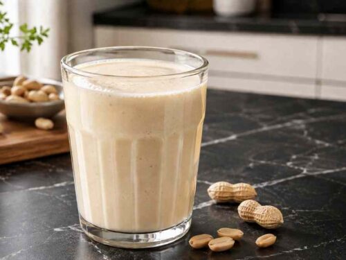 Cremiger Erdnuss-Bananen-Proteinshake in einem Glas, serviert auf einem Holztisch am Frühstückstisch