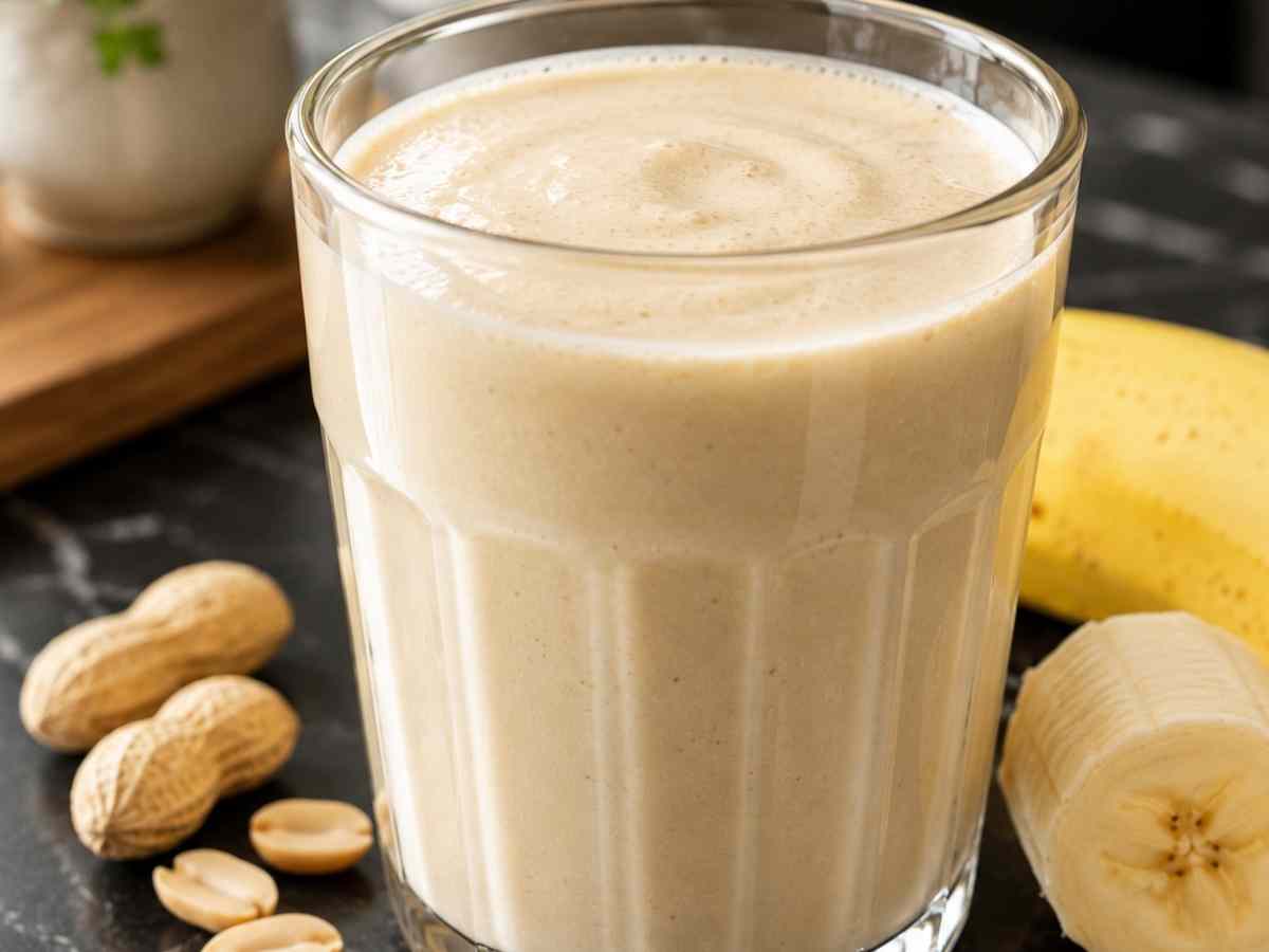 Cremiger Erdnuss-Bananen-Proteinshake in einem Glas, serviert auf einem Holztisch am Frühstückstisch