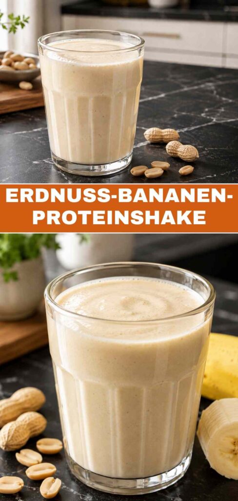 Pinterest-Pin für schnellen Erdnuss-Bananen-Proteinshake, cremig und in 10 Minuten fertig
