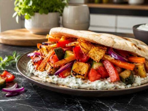 Gemüse-Döner mit buntem Ofengemüse, Rotkohl und cremiger Joghurt-Feta-Sauce in warmer Pita-Tasche