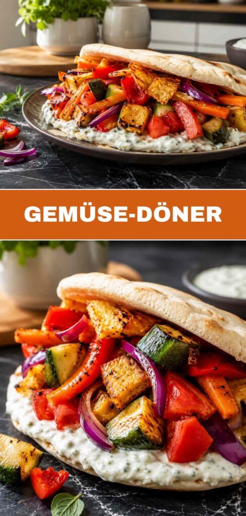 Pinterest-Pin für vegetarischen Gemüse-Döner mit Joghurt-Feta-Sauce, fertig in 40 Minuten