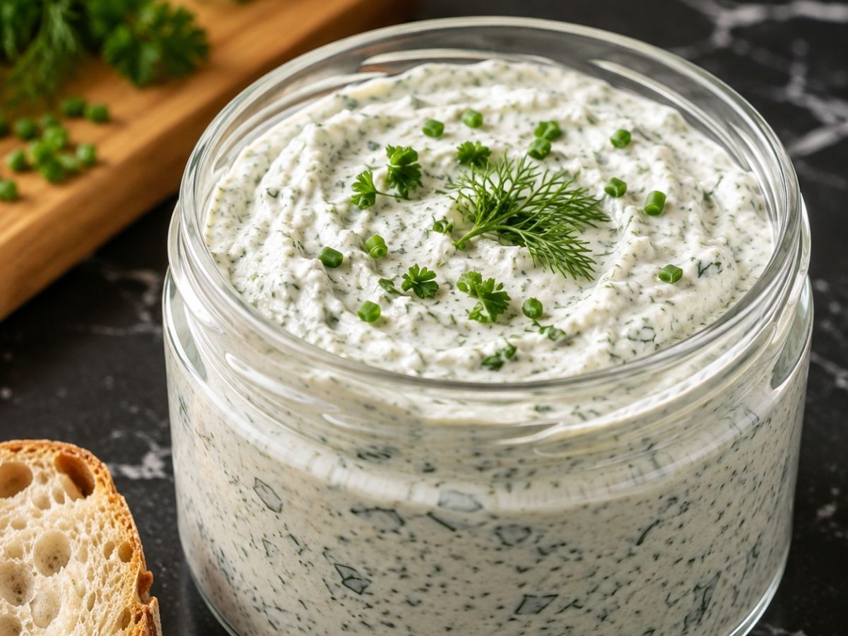Nahaufnahme von cremigem Kräuterquark mit sichtbaren Schnittlauch- und Dillstückchen