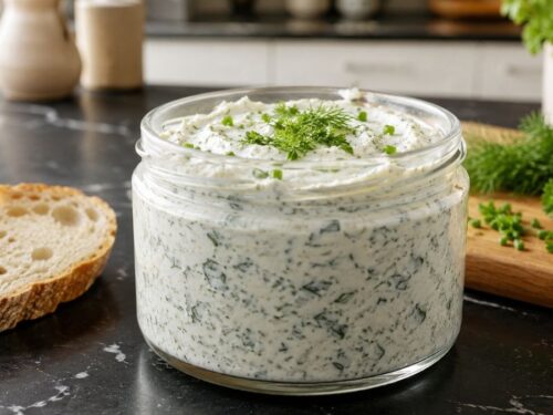 Cremiger Kräuterquark mit Schnittlauch und Dill, angerichtet in einer weißen Schüssel auf Holztisch