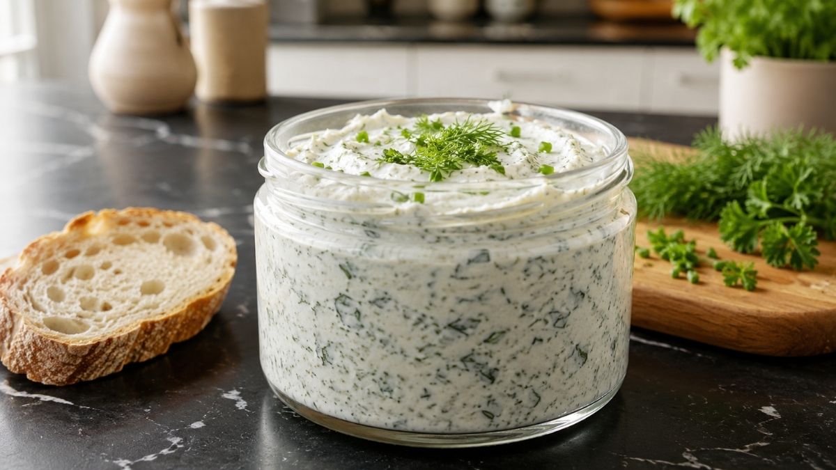Cremiger Kräuterquark mit Schnittlauch und Dill, angerichtet in einer weißen Schüssel auf Holztisch