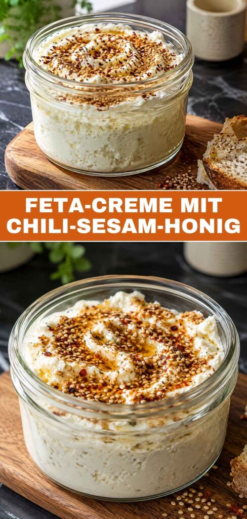 Pinterest-Grafik zu Feta-Creme mit Chili-Sesam-Honig, Weitwinkel- und Nahaufnahme des fertigen Dips