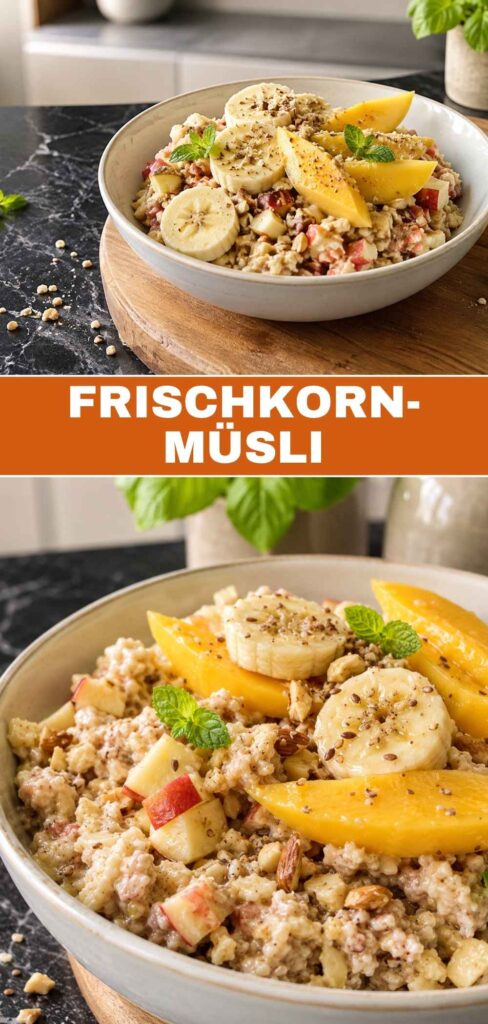 Frischkorn-Müsli Rezept im Glas mit Apfel, Möhre, Banane und Mango, ideal als Overnight-Frühstück