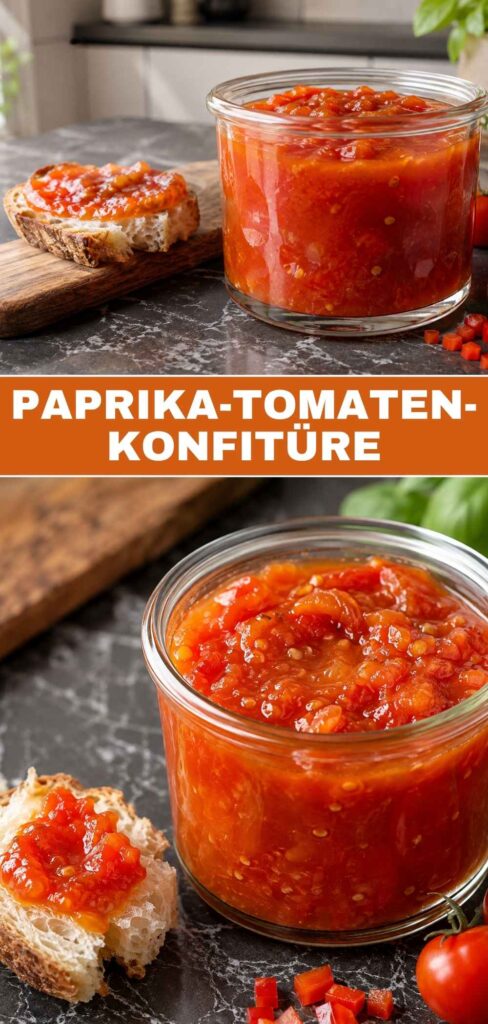 Paprika-Tomaten-Konfitüre im Glas und in Nahaufnahme auf einem Löffel, Rezept zum Merken auf Pinterest