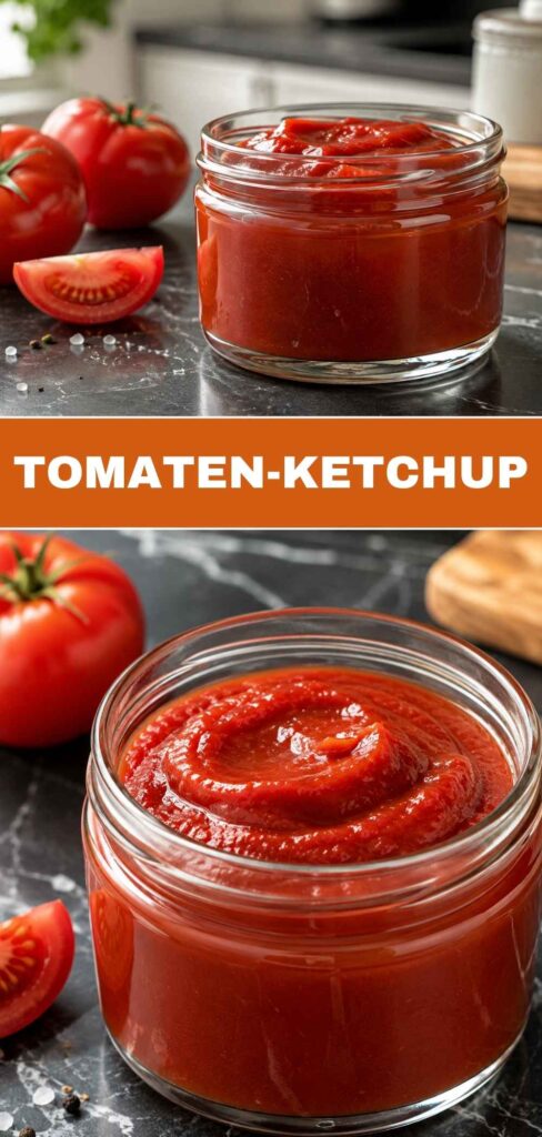 Pinterest-Grafik: Tomaten-Ketchup selber machen, Glas und Nahaufnahme des fertigen Ketchups