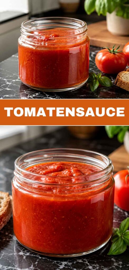 Pinterest-Grafik zu selbst gemachter Tomatensauce mit Weitwinkel- und Nahaufnahme