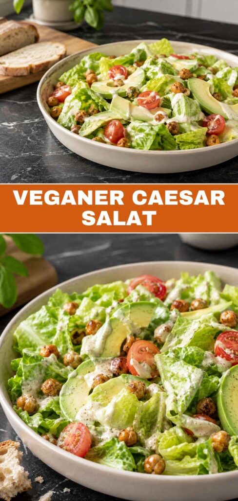 Veganer Caesar Salat ohne Ei — cremiges Cashew-Dressing, geröstete Kichererbsen und Avocado in 40 Minuten