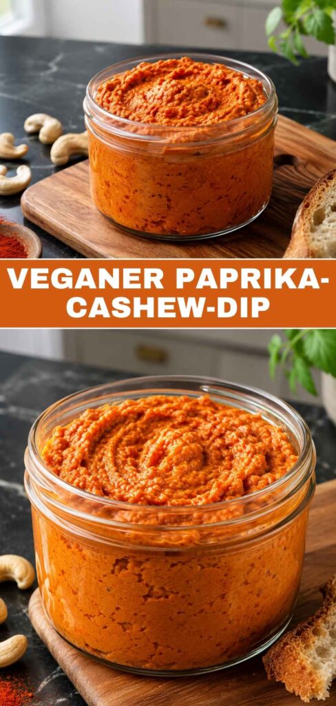 Pinterest-Pin: Veganer Paprika-Cashew-Dip in 10 Minuten, Weitwinkel- und Nahaufnahme kombiniert