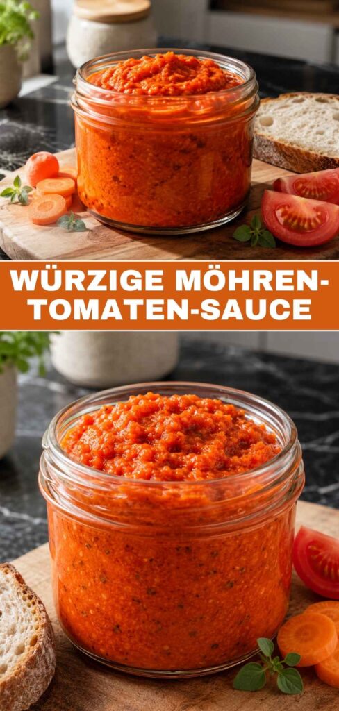 Pinterest-Pin: Würzige Möhren-Tomaten-Sauce mit Speck, fertig serviert zu Pasta, in 35 Minuten gemacht