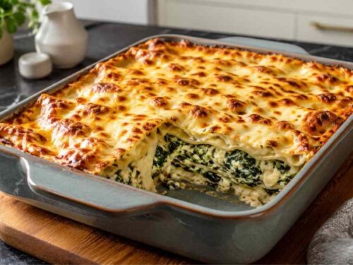 Cremige Spinat-Feta-Lasagne mit goldbraunem Käse, frisch aus dem Ofen in einer weißen Auflaufform