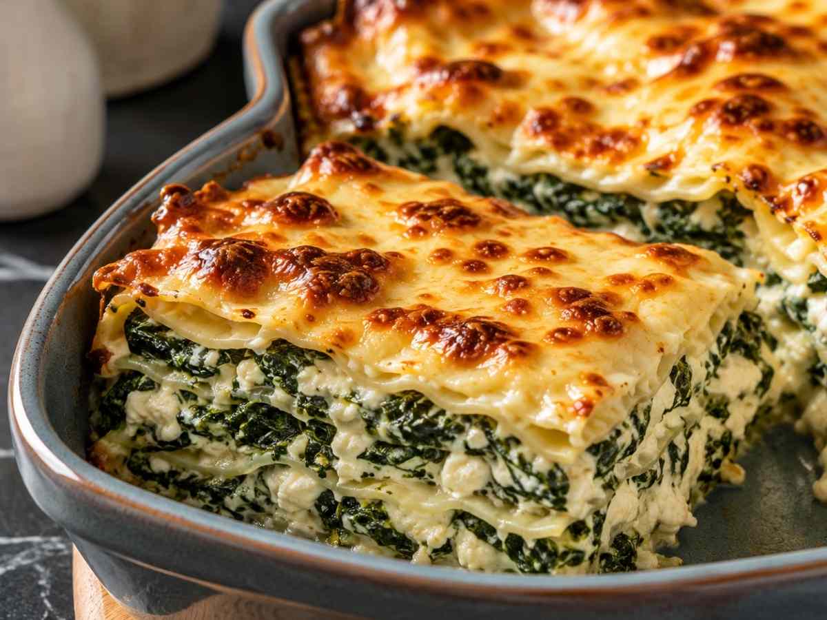 Cremige Spinat-Feta-Lasagne mit goldbraunem Käse, frisch aus dem Ofen in einer weißen Auflaufform