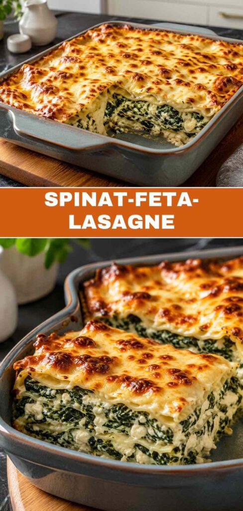 Pinterest-Pin für cremige Spinat-Feta-Lasagne, einfaches Familienrezept in 1 Stunde 15 Minuten