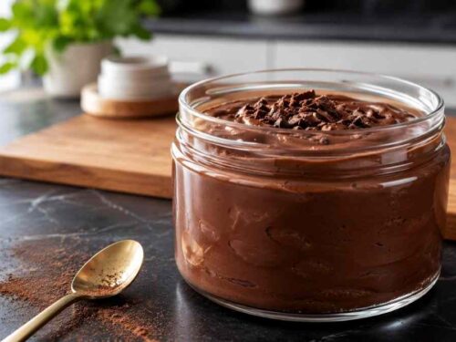 Cremige vegane Kakao-Mousse in kleinen Gläsern, mit Kakaonibs bestreut, so serviere ich sie bei mir
